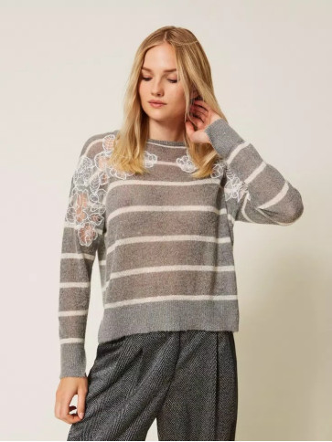 Подовжений светр з мохеру/Смугастий меланж