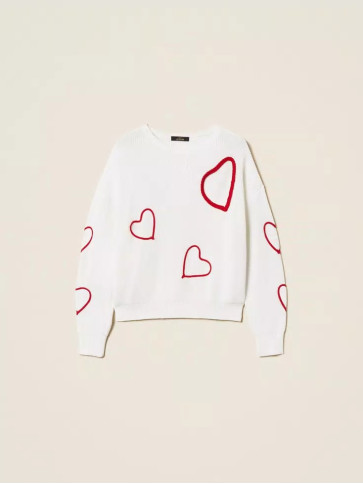 Светр з вишивкою серця / Білий / Пурпуровий