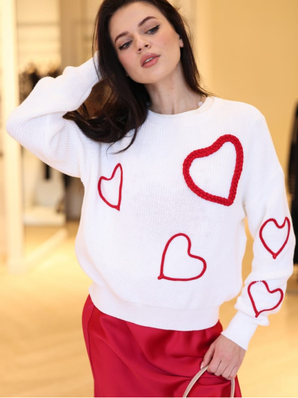 Светр з вишивкою серця / Білий / Пурпуровий 261AP3130