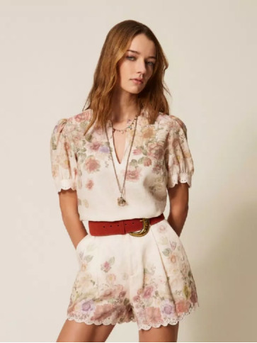 Льняні шорти / Квіти пастельний кольорів