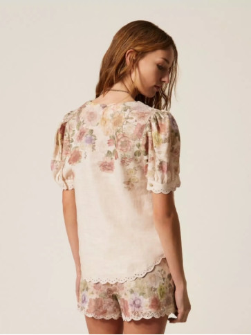 Льняна Блуза / Квіти пастельний кольорів