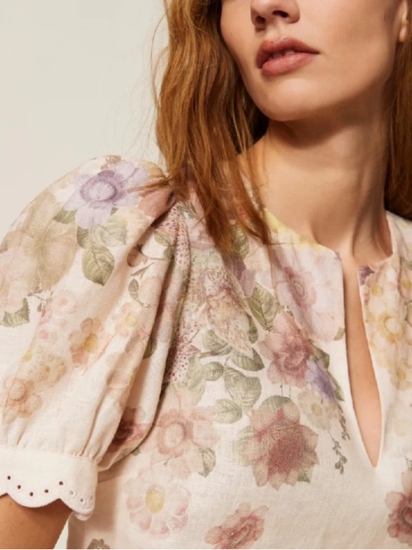 Льняна Блуза / Квіти пастельний кольорів 261TT2573